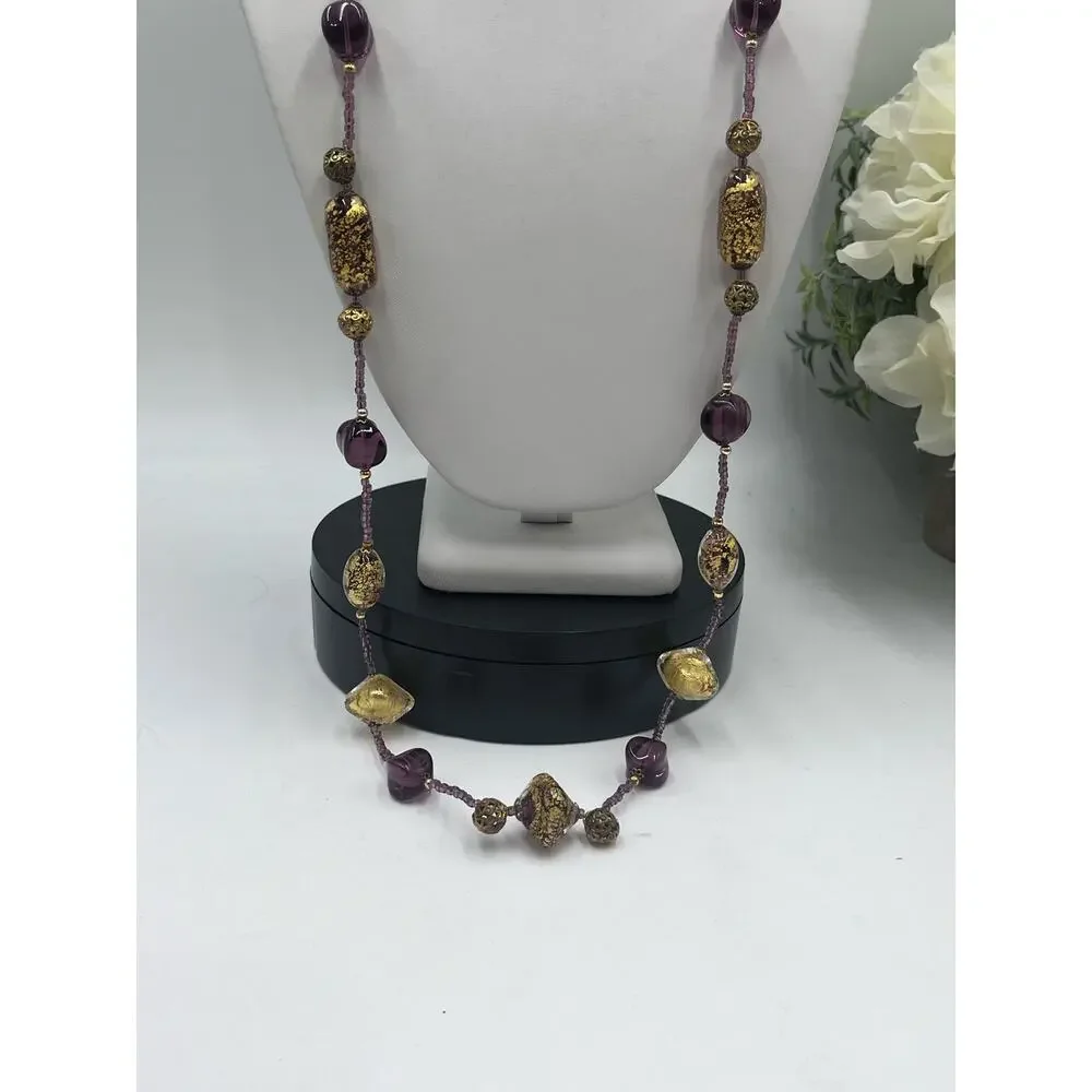 Purple Gold Foil Leaf Beaded Murano Vintage Glass Bead Embossed Brass Necklace‎